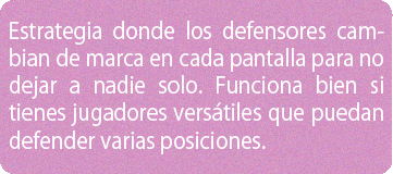 Estrategia donde los defensores cambian de marca en cada pantalla para no dejar a nadie solo. Funciona bien si tienes jugadores versátiles que puedan defender varias posiciones.