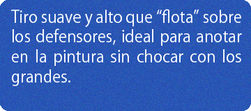 Tiro suave y alto que “flota” sobre los defensores, ideal para anotar en la pintura sin chocar con los grandes.