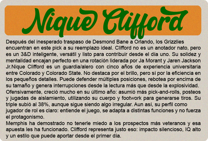 Cooper Flagg (2.06m) es el gran premio del draft 2025, y no solo por el hype: es un jugador hipercompleto, con impacto real en ambos lados de la cancha y listo para contribuir desde el día uno. No tiene una habilidad élite todavía, pero hace todo bien: defiende con inteligencia y energía, lee el juego a nivel NBA, puede pasar, rebotear, cortar, proteger el aro y castigar errores sin forzar nada. Su ofensiva sigue puliéndose—no es un “go-to guy” uno contra uno—pero tiene buen manejo, visión, y un tiro en desarrollo que ya es confiable en catch-and-shoot. Defensivamente, es una máquina de cerrar posesiones. Cambia en todos los picks, defiende al balón o ayuda, y acelera transiciones con su lectura y anticipación. Su valor no está en cargar con todo, sino en elevar a los que lo rodean. Es adaptable, tiene mentalidad ganadora y está programado para impactar sin necesidad de volumen.
