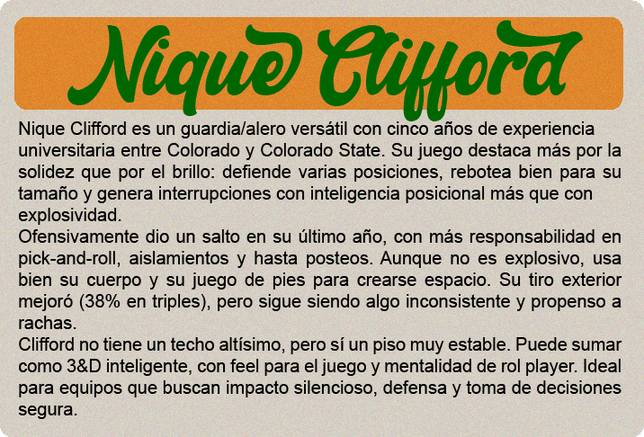 Cooper Flagg (2.06m) es el gran premio del draft 2025, y no solo por el hype: es un jugador hipercompleto, con impacto real en ambos lados de la cancha y listo para contribuir desde el día uno. No tiene una habilidad élite todavía, pero hace todo bien: defiende con inteligencia y energía, lee el juego a nivel NBA, puede pasar, rebotear, cortar, proteger el aro y castigar errores sin forzar nada. Su ofensiva sigue puliéndose—no es un “go-to guy” uno contra uno—pero tiene buen manejo, visión, y un tiro en desarrollo que ya es confiable en catch-and-shoot. Defensivamente, es una máquina de cerrar posesiones. Cambia en todos los picks, defiende al balón o ayuda, y acelera transiciones con su lectura y anticipación. Su valor no está en cargar con todo, sino en elevar a los que lo rodean. Es adaptable, tiene mentalidad ganadora y está programado para impactar sin necesidad de volumen.