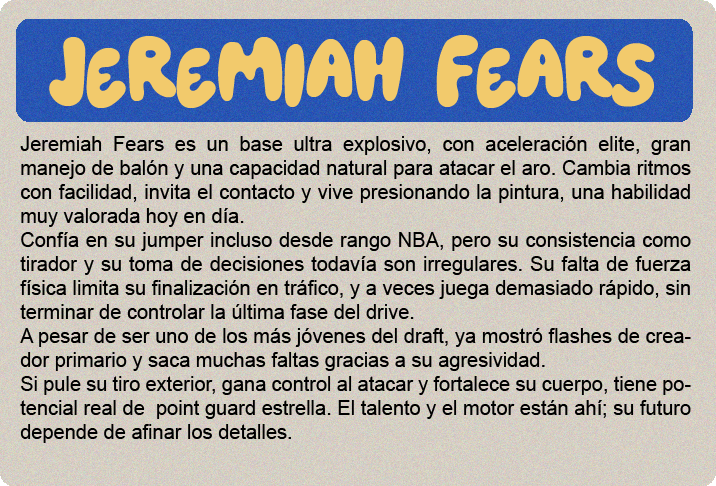 Cooper Flagg (2.06m) es el gran premio del draft 2025, y no solo por el hype: es un jugador hipercompleto, con impacto real en ambos lados de la cancha y listo para contribuir desde el día uno. No tiene una habilidad élite todavía, pero hace todo bien: defiende con inteligencia y energía, lee el juego a nivel NBA, puede pasar, rebotear, cortar, proteger el aro y castigar errores sin forzar nada. Su ofensiva sigue puliéndose—no es un “go-to guy” uno contra uno—pero tiene buen manejo, visión, y un tiro en desarrollo que ya es confiable en catch-and-shoot. Defensivamente, es una máquina de cerrar posesiones. Cambia en todos los picks, defiende al balón o ayuda, y acelera transiciones con su lectura y anticipación. Su valor no está en cargar con todo, sino en elevar a los que lo rodean. Es adaptable, tiene mentalidad ganadora y está programado para impactar sin necesidad de volumen.