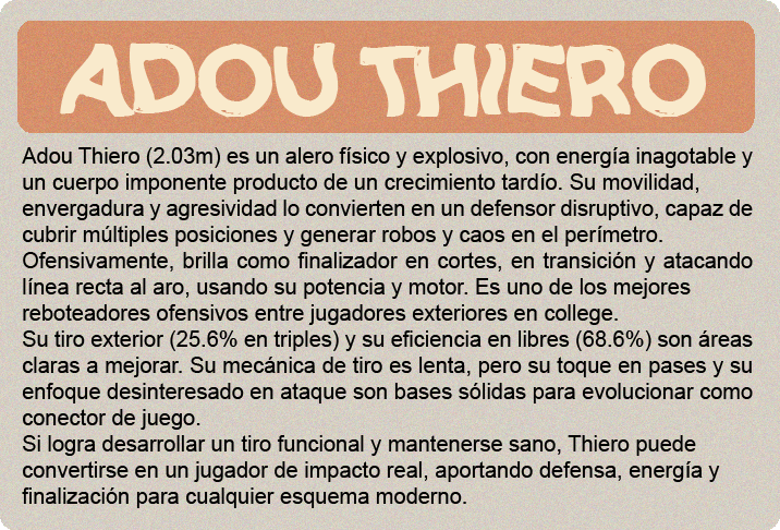 Cooper Flagg (2.06m) es el gran premio del draft 2025, y no solo por el hype: es un jugador hipercompleto, con impacto real en ambos lados de la cancha y listo para contribuir desde el día uno. No tiene una habilidad élite todavía, pero hace todo bien: defiende con inteligencia y energía, lee el juego a nivel NBA, puede pasar, rebotear, cortar, proteger el aro y castigar errores sin forzar nada. Su ofensiva sigue puliéndose—no es un “go-to guy” uno contra uno—pero tiene buen manejo, visión, y un tiro en desarrollo que ya es confiable en catch-and-shoot. Defensivamente, es una máquina de cerrar posesiones. Cambia en todos los picks, defiende al balón o ayuda, y acelera transiciones con su lectura y anticipación. Su valor no está en cargar con todo, sino en elevar a los que lo rodean. Es adaptable, tiene mentalidad ganadora y está programado para impactar sin necesidad de volumen.
