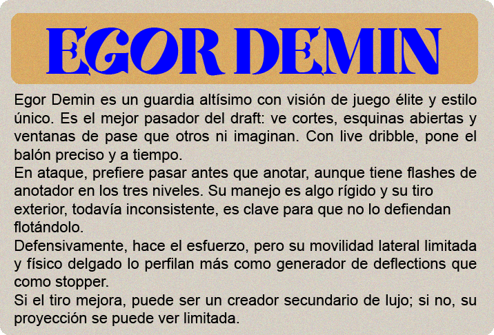 Cooper Flagg (2.06m) es el gran premio del draft 2025, y no solo por el hype: es un jugador hipercompleto, con impacto real en ambos lados de la cancha y listo para contribuir desde el día uno. No tiene una habilidad élite todavía, pero hace todo bien: defiende con inteligencia y energía, lee el juego a nivel NBA, puede pasar, rebotear, cortar, proteger el aro y castigar errores sin forzar nada. Su ofensiva sigue puliéndose—no es un “go-to guy” uno contra uno—pero tiene buen manejo, visión, y un tiro en desarrollo que ya es confiable en catch-and-shoot. Defensivamente, es una máquina de cerrar posesiones. Cambia en todos los picks, defiende al balón o ayuda, y acelera transiciones con su lectura y anticipación. Su valor no está en cargar con todo, sino en elevar a los que lo rodean. Es adaptable, tiene mentalidad ganadora y está programado para impactar sin necesidad de volumen.