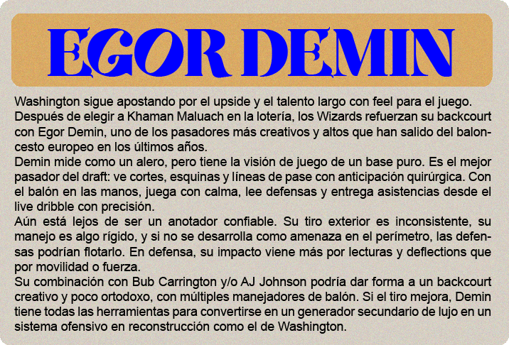 Cooper Flagg (2.06m) es el gran premio del draft 2025, y no solo por el hype: es un jugador hipercompleto, con impacto real en ambos lados de la cancha y listo para contribuir desde el día uno. No tiene una habilidad élite todavía, pero hace todo bien: defiende con inteligencia y energía, lee el juego a nivel NBA, puede pasar, rebotear, cortar, proteger el aro y castigar errores sin forzar nada. Su ofensiva sigue puliéndose—no es un “go-to guy” uno contra uno—pero tiene buen manejo, visión, y un tiro en desarrollo que ya es confiable en catch-and-shoot. Defensivamente, es una máquina de cerrar posesiones. Cambia en todos los picks, defiende al balón o ayuda, y acelera transiciones con su lectura y anticipación. Su valor no está en cargar con todo, sino en elevar a los que lo rodean. Es adaptable, tiene mentalidad ganadora y está programado para impactar sin necesidad de volumen.